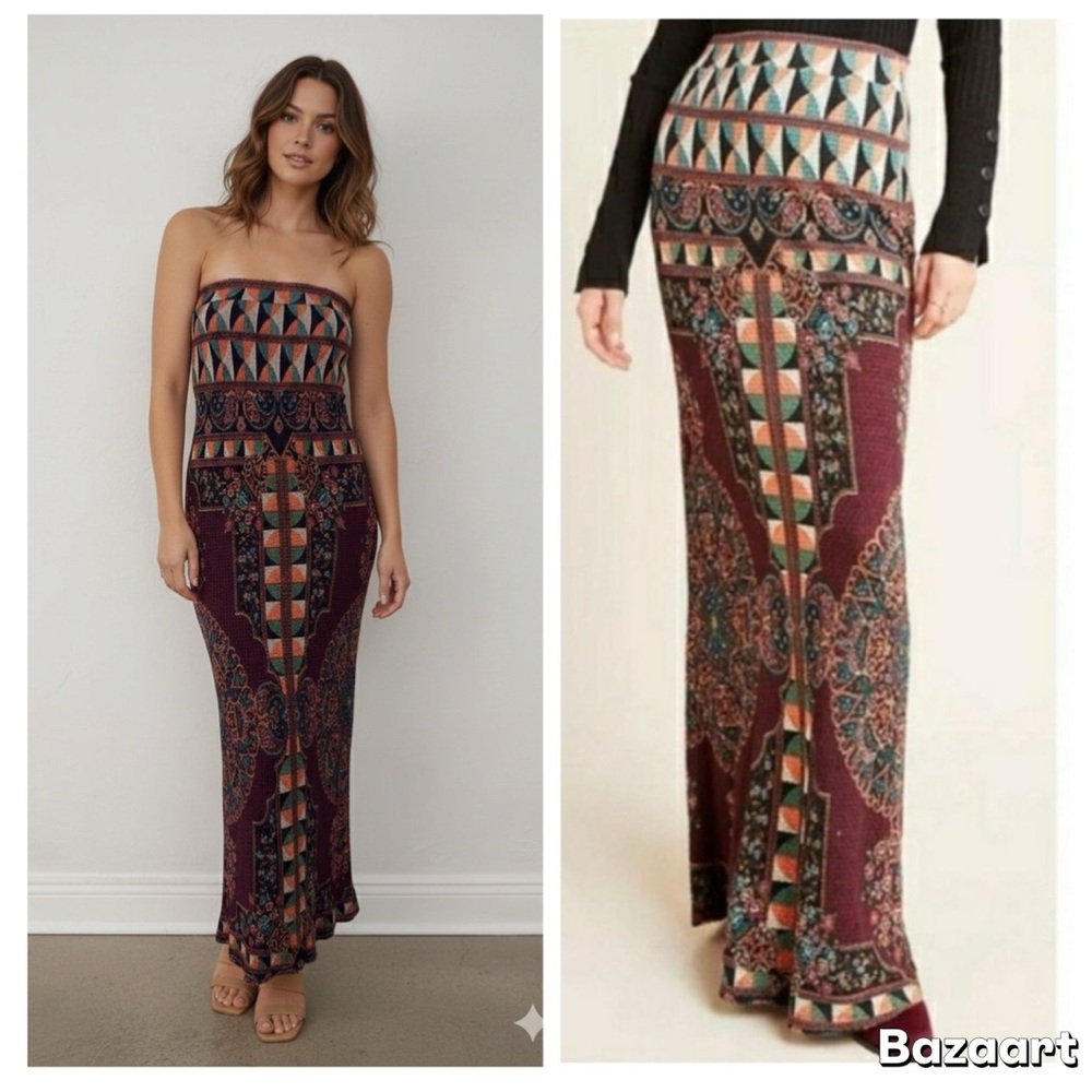 FARM Rio Anthropologie Mixed Print Maxi Skirt in Wine color MEDIUM